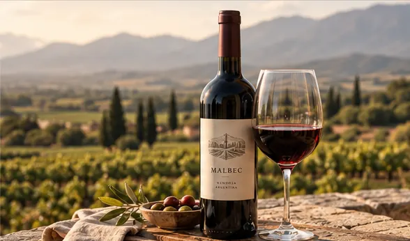 Bottle of Malbec and a glass of red wine on a stone wall above vineyards and mountains at sunset